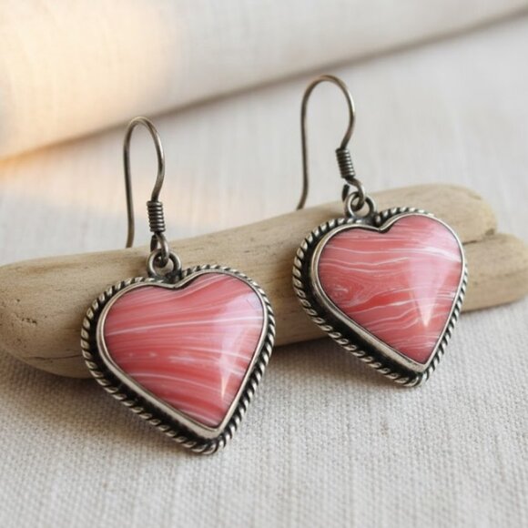 Coral Dangle Earrings Sterling Silver Vintage 925 Stamped Mexico Heart Shaped - Picture 1 of 7